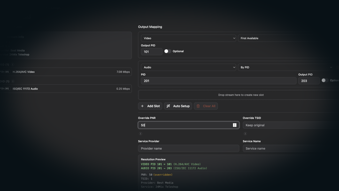 NoSignal pipeline configuration with input stream info, output mapping, slot resolution, and service metadata.
