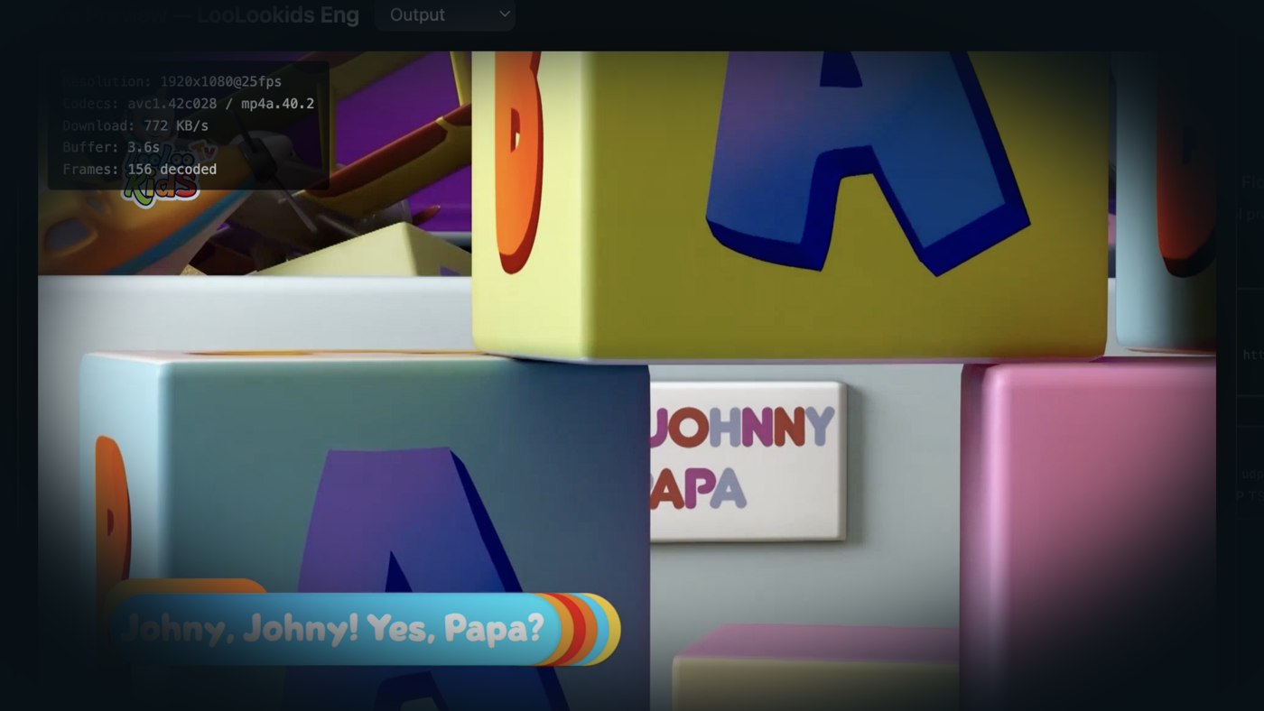NoSignal live preview showing a channel with codec overlay, resolution, and frame statistics.